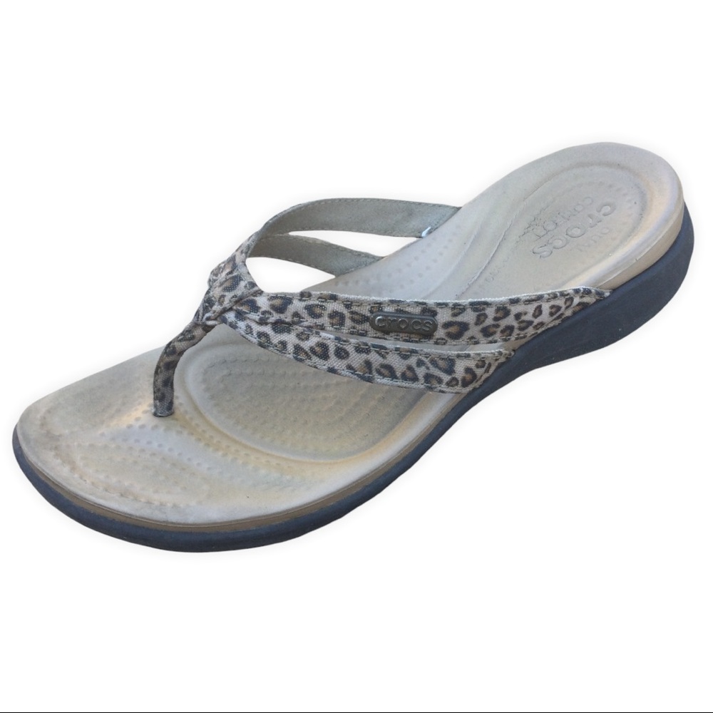Size 8 Wide Dual Crocs Comfort Leopard Print Wedge Tan Brown Strappy